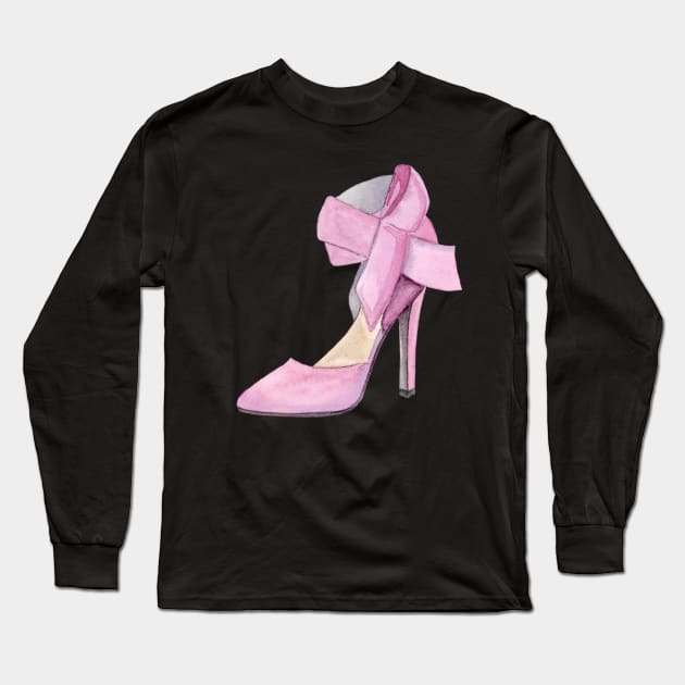 Pink high heel shoe with bow Long Sleeve T-Shirt by DreamLoudArt